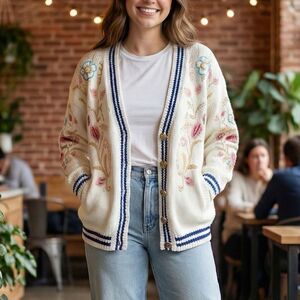 Aratta Silent Journey Anthropologie Embroidered Chunky Academia Cardigan L